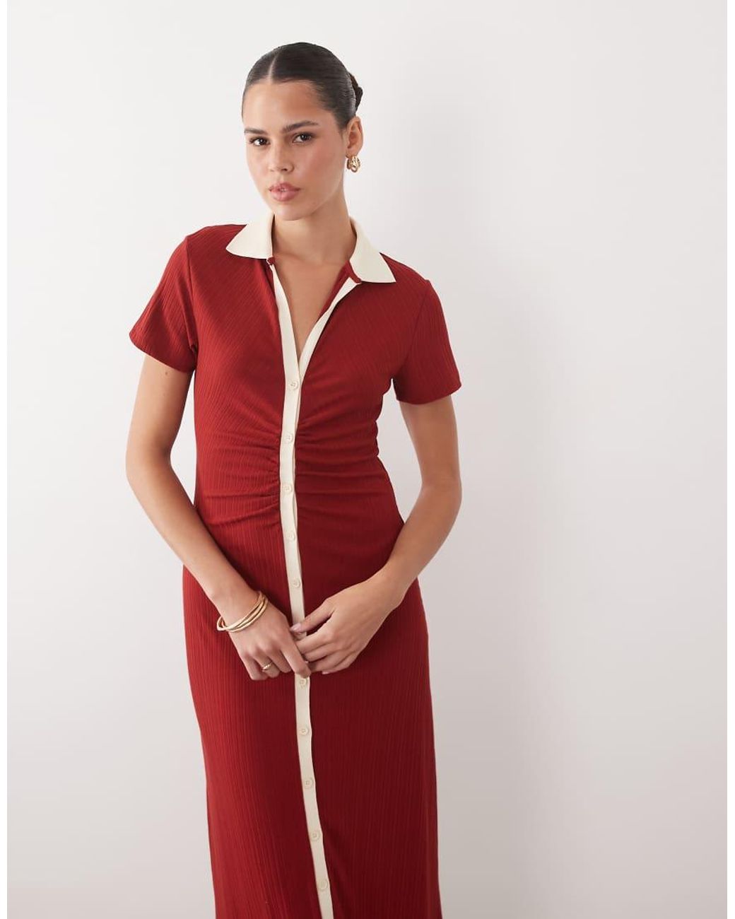 ASOS Red Button Front Cap Sleeve Midi Dress With Contrast Tipping