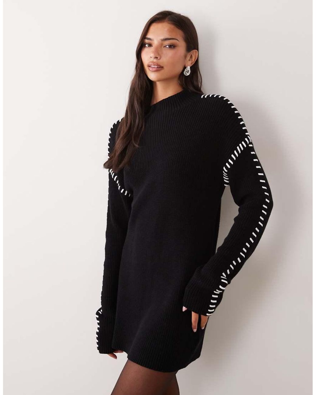 Aria Cove Black Knitted Oversized Contrast Stitch Mini Jumper Dress