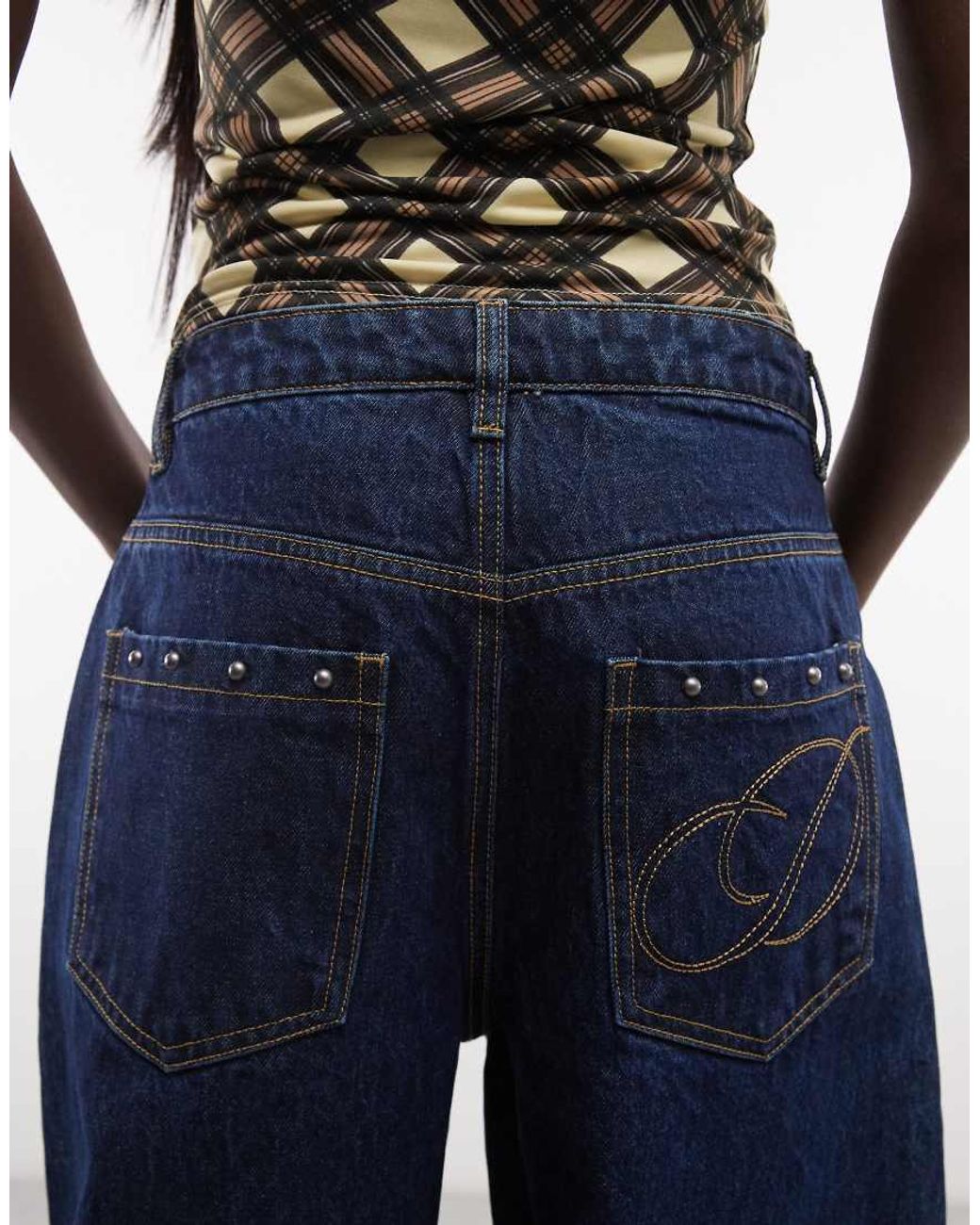 Daisy Street Blue Mid Rise Barrel Leg Studded Jeans