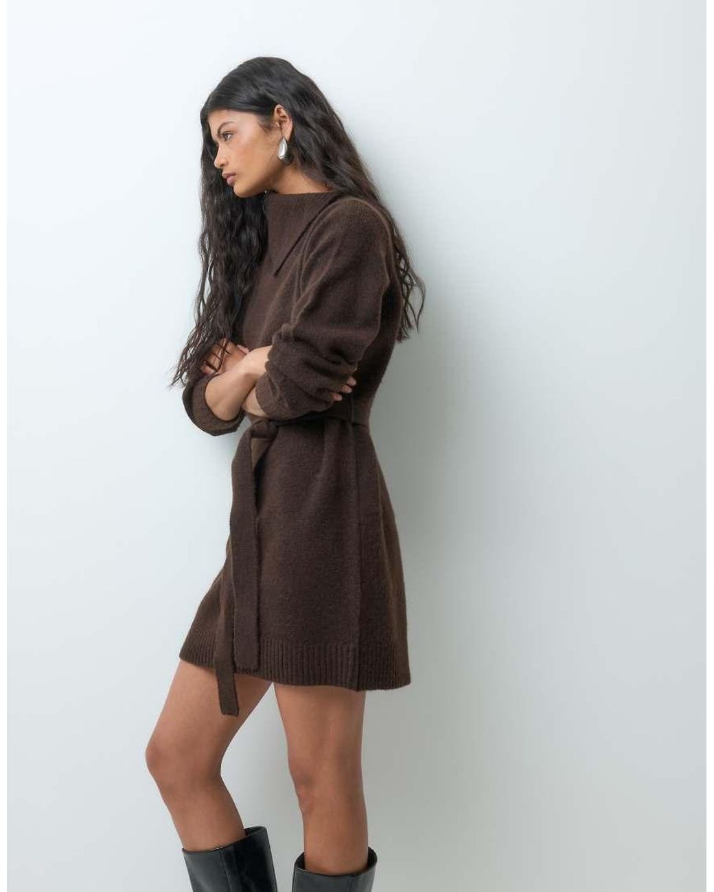 Vero Moda Brown Long Sleeve Split Neck Knitted Mini Dress With Tie Waist