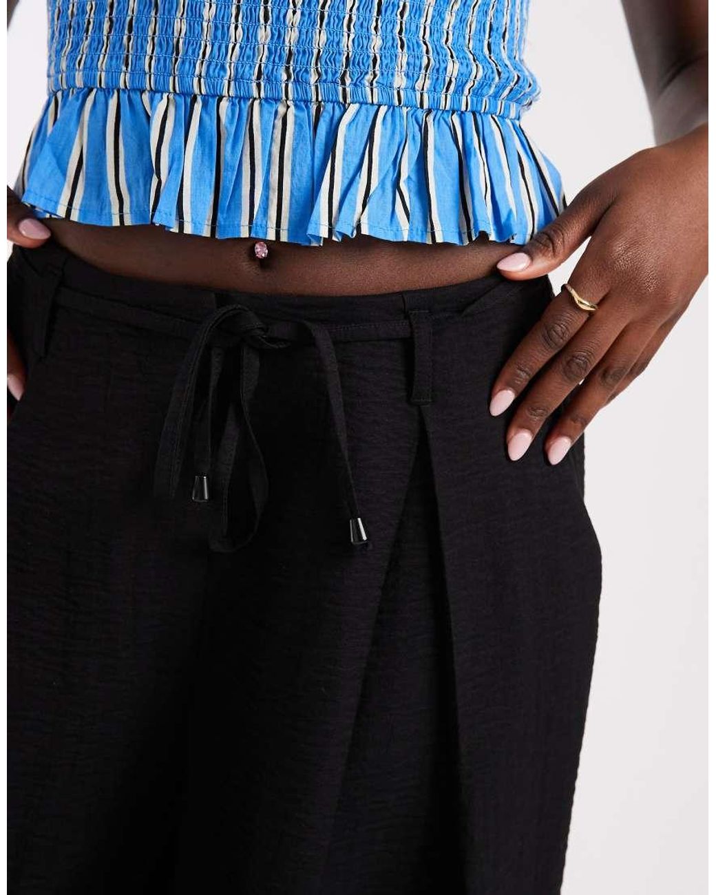 ASOS Blue Textured Wide Leg Trousers With Tie Waist