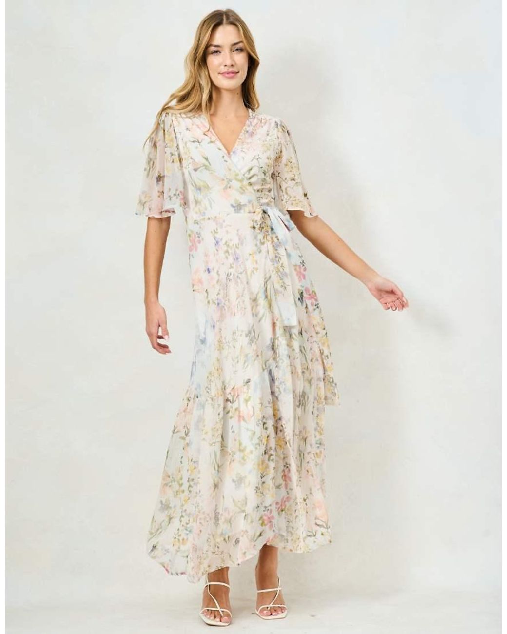 Hope & Ivy Natural The Haven Flutter Sleeve Maxi Wrap Dress With Tie Waist
