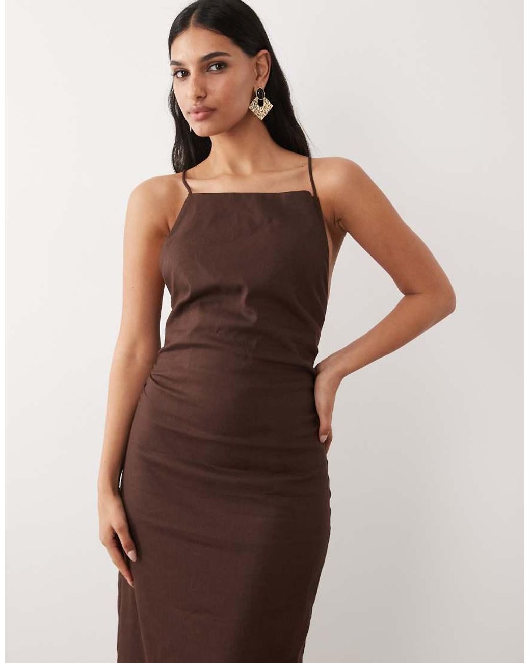 Forever New Brown Stretch Linen Mix Corset Back Midi Dress