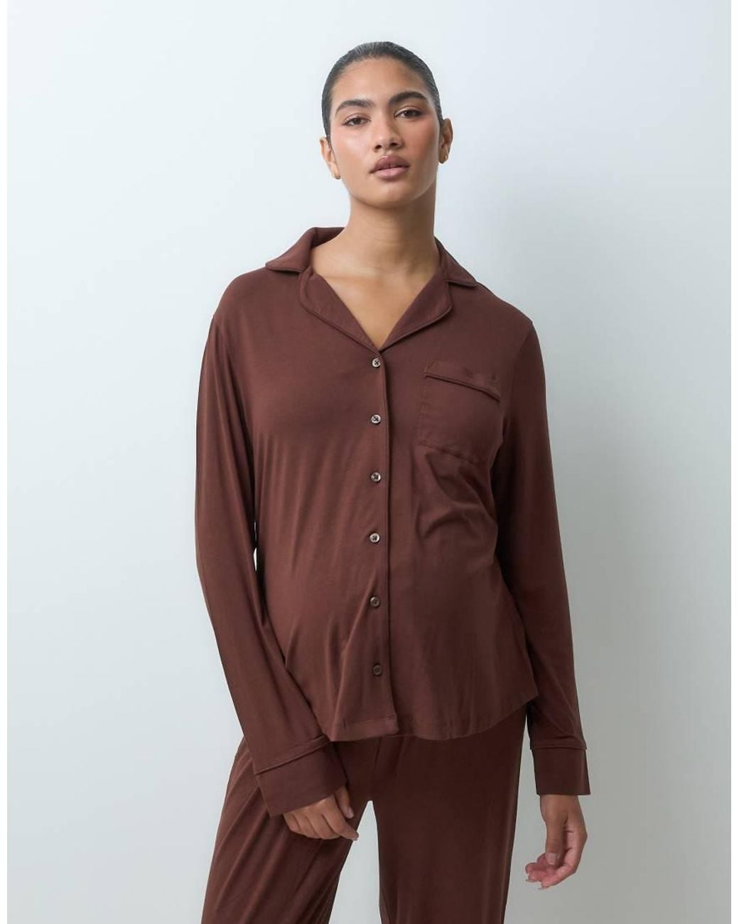 ASOS Brown Asos Design Viscose Maternity Super Soft Long Sleeve Shirt & Trouser Pyjama Set