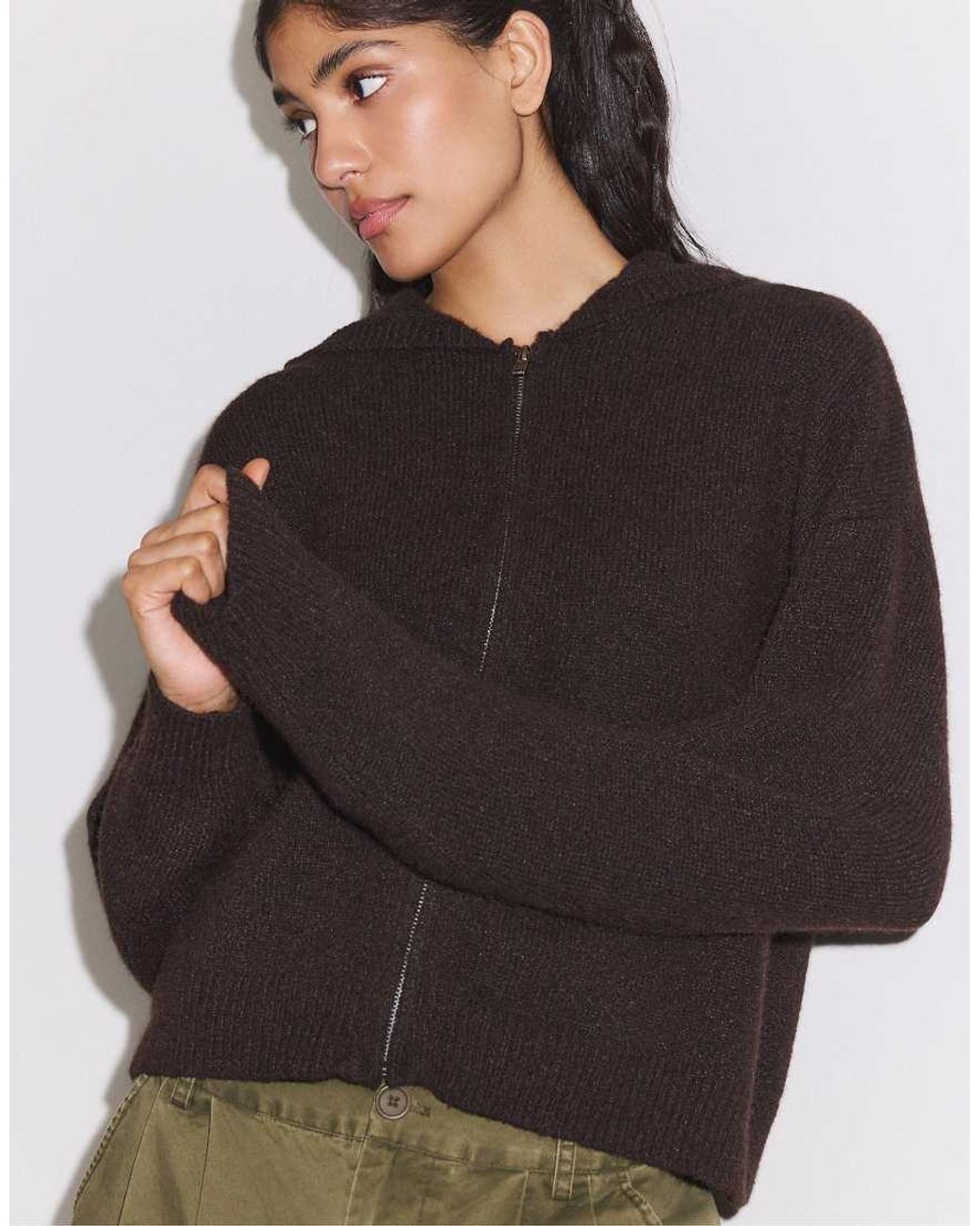 Stradivarius Brown Zipped Hooded Knit Cardigan