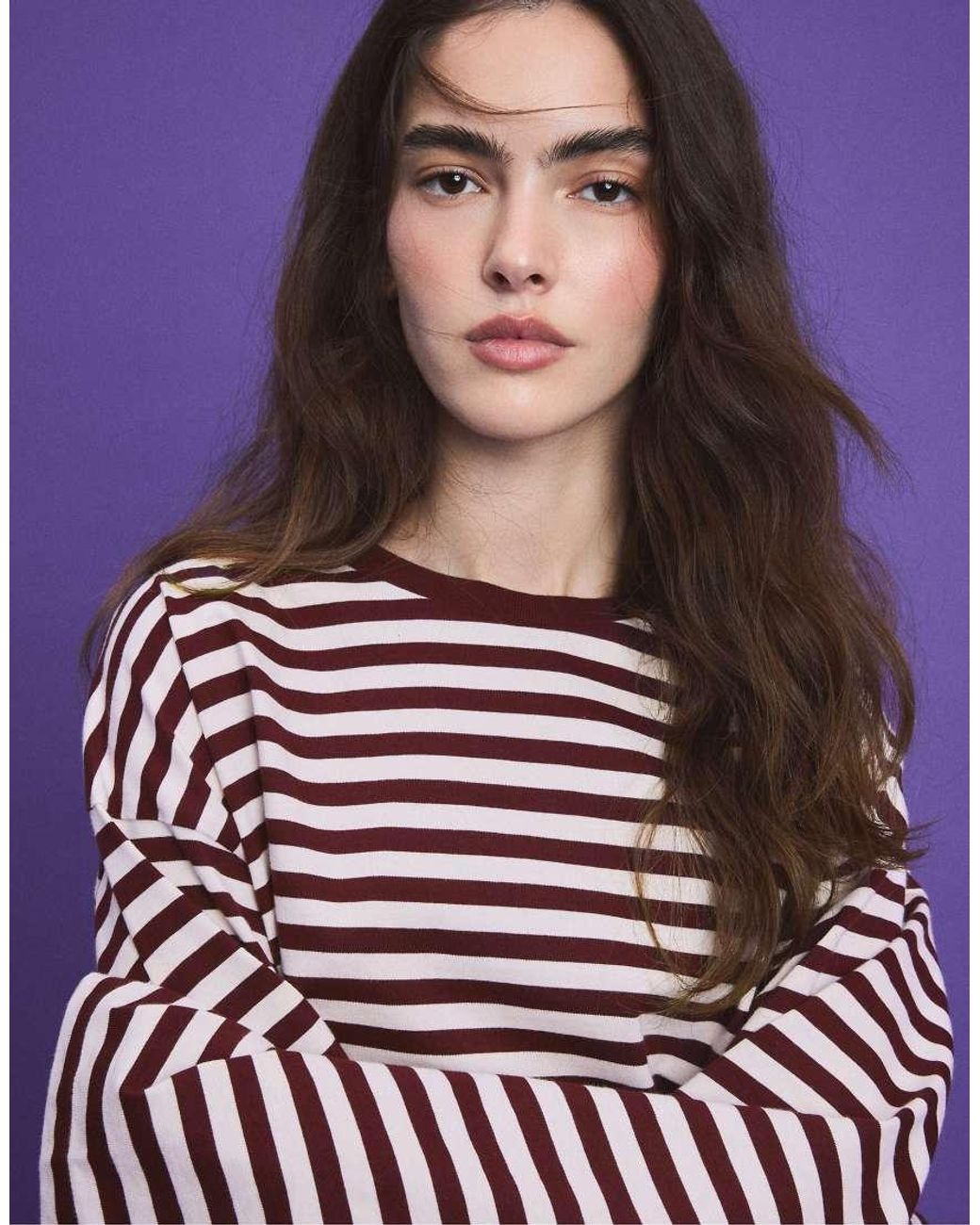 Stradivarius Purple Oversize Striped Long Sleeve T-Shirt