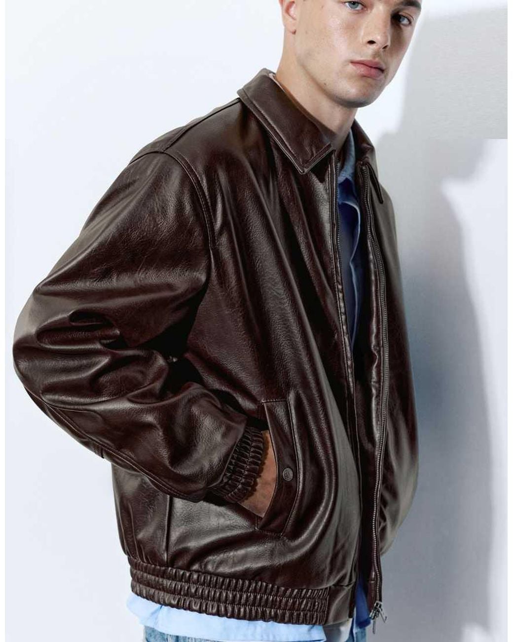 Pull&Bear Blue Leather-effect Jacket for men