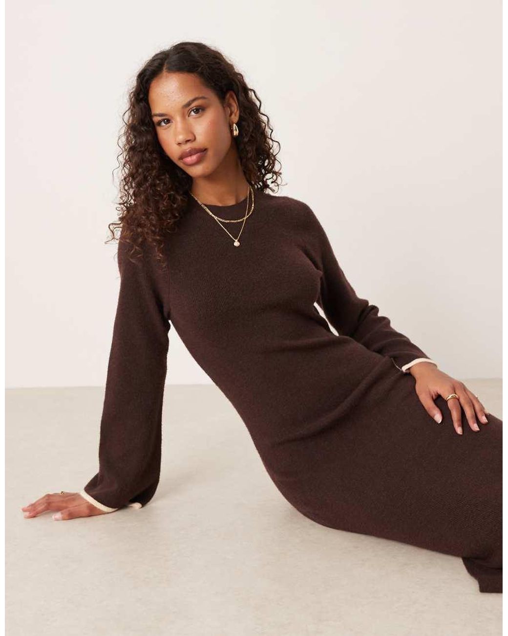 Vila Gebreide Midi-Jurk Met Textuur En Contrasterende Randjes in het Natural