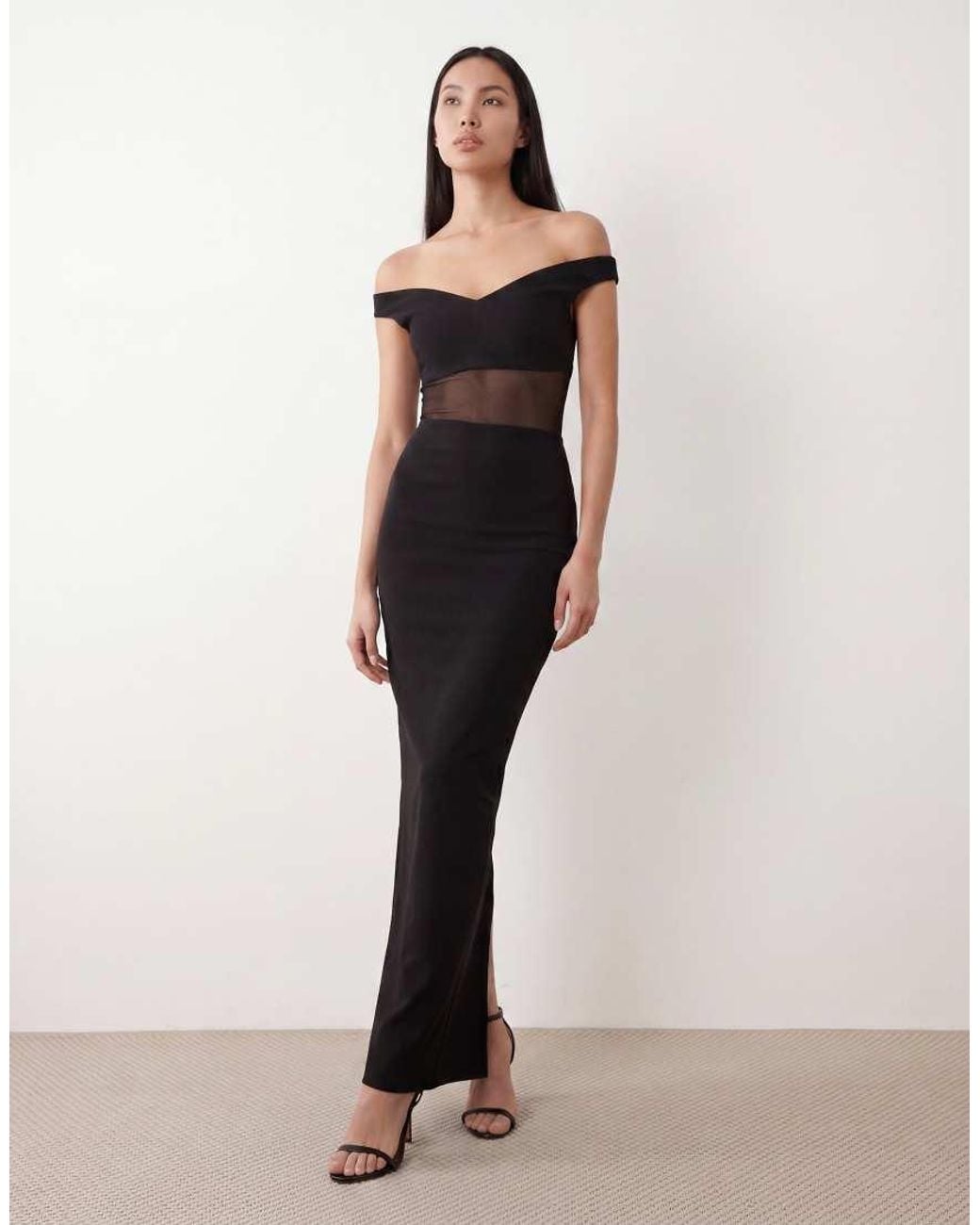 Vesper Black Bengaline Sweetheart Neckline Off Shoulder Mesh Panel Maxi Dress