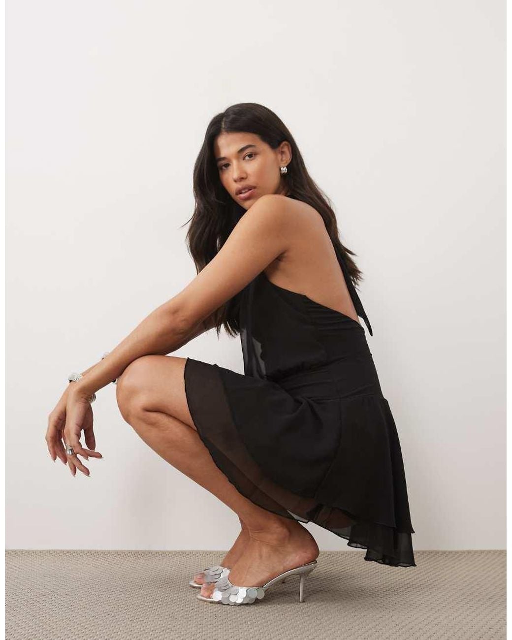Fashionkilla Black Exclusive Chiffon Halterneck Foldover Detail Ruffle Skirt Mini Dress