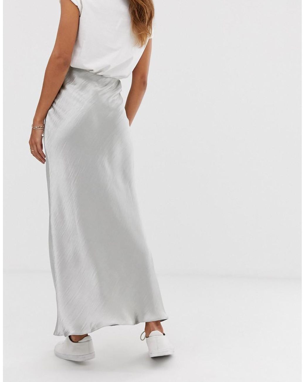 Silver satin cheap maxi skirt