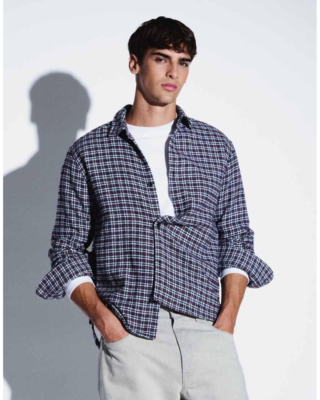 ASOS Blue Relaxed Check Shirt With Stepped Hem for men