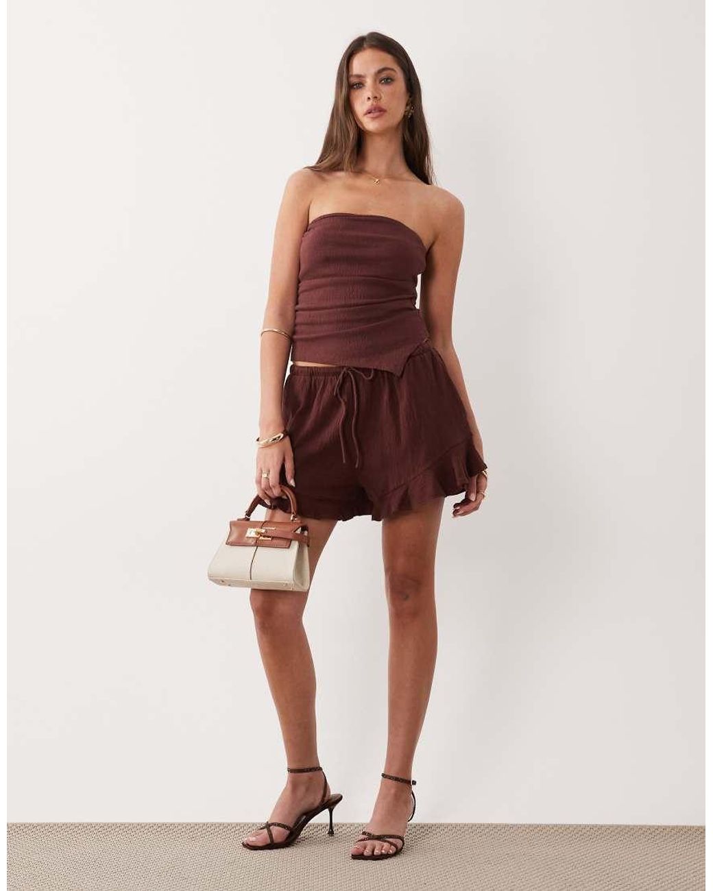 ASOS Brown Mix & Match Cotton Crinkle Ruffle Hem Short