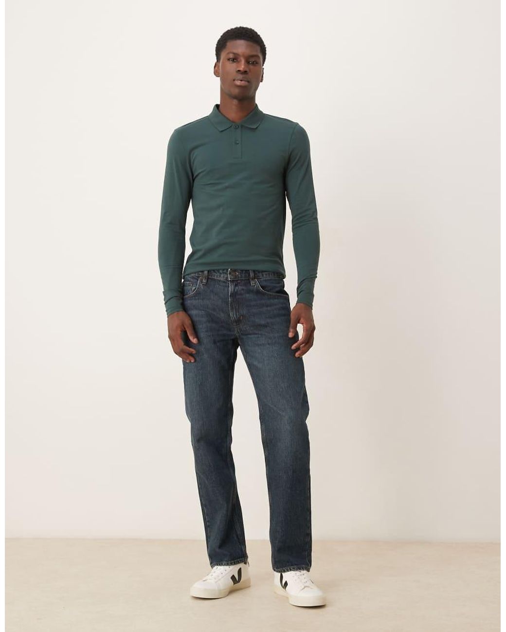 ASOS Green Essentials Muscle Fit Long Sleeve Polo for men