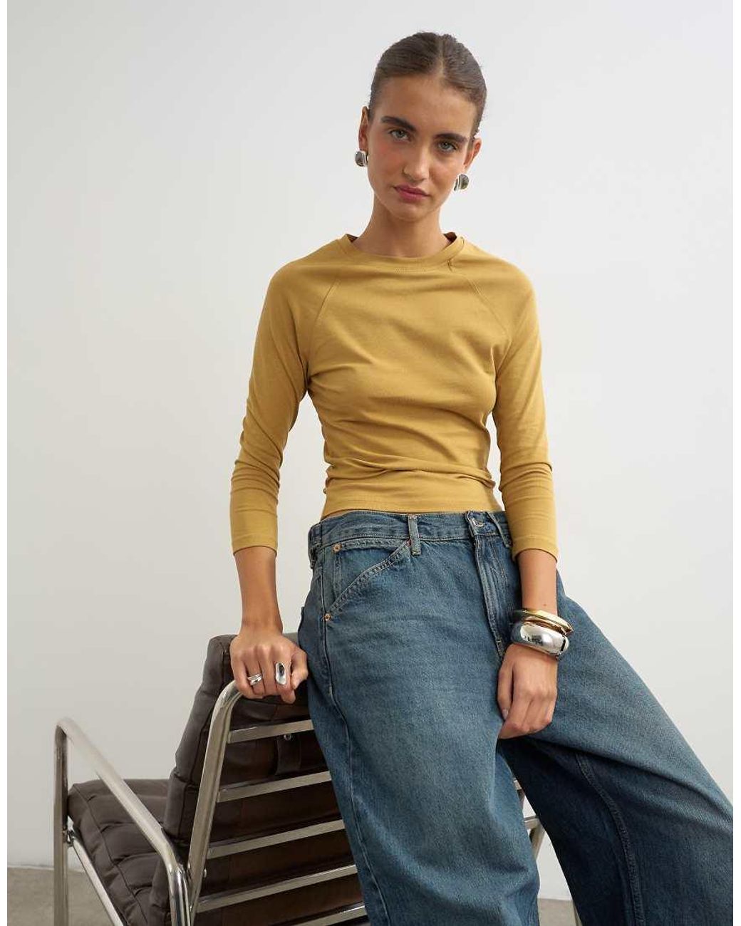TOPSHOP Yellow Crop Sleeve Clean Raglan Top