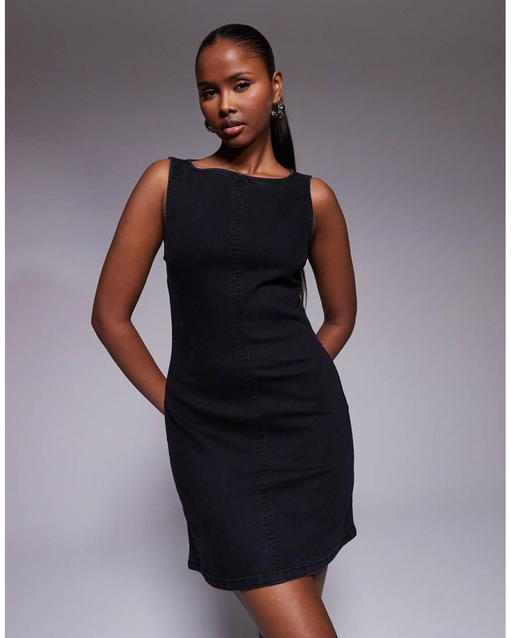 ASOS Blue Denim Slash Neck Bodycon Mini Dress