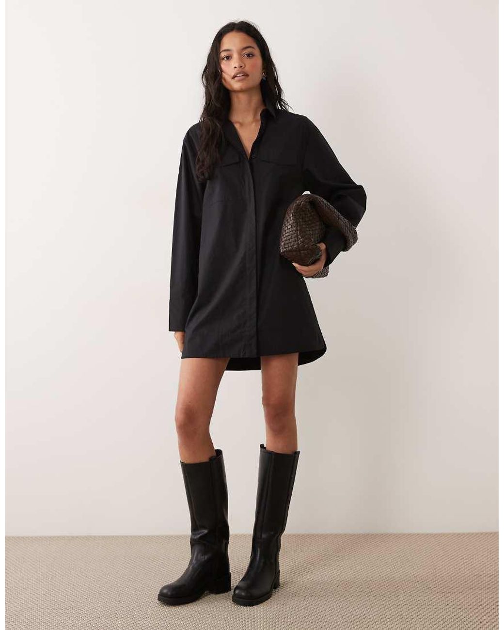 ASOS Black Poplin Mini Shirt Dress With Wide Cuffs And Oversized Pockets