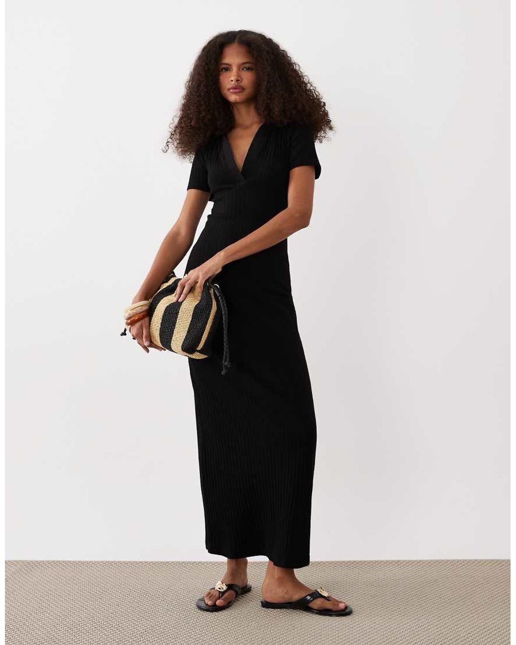 ASOS Black Ribbed Short Sleeve Polo Midi Dress