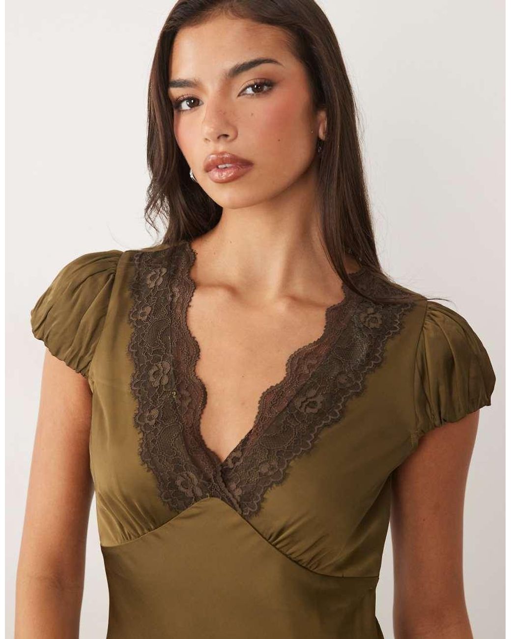 Nobody's Child Natural Gloria Satin And Lace Mix V Neck Split Front Maxi Dress