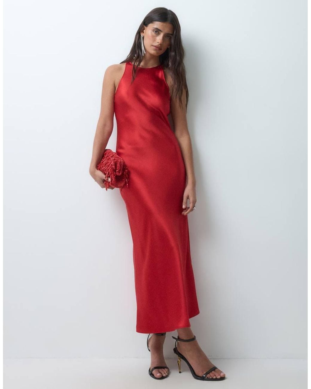 & Other Stories Red Satin Midi Dress With Bias Cut