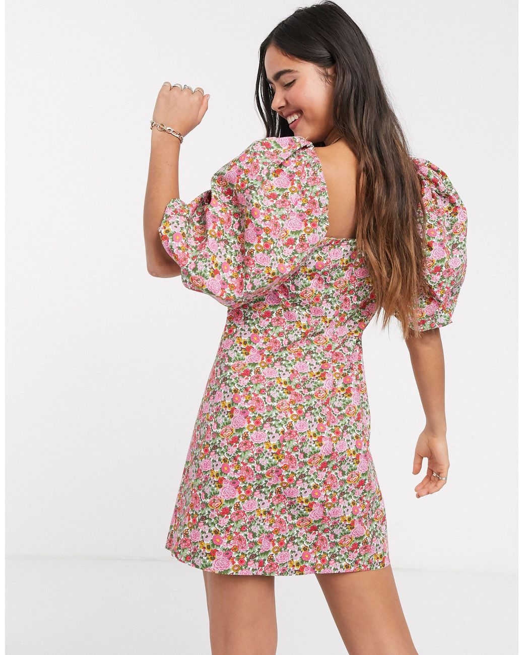 Mango Volume Sleeve Floral Mini Dress 