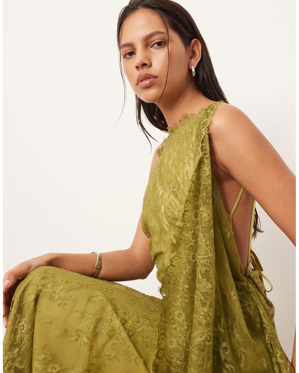 ARRANGE Backless Lace Draped Maxi Dress With Scallop in Green | Lyst