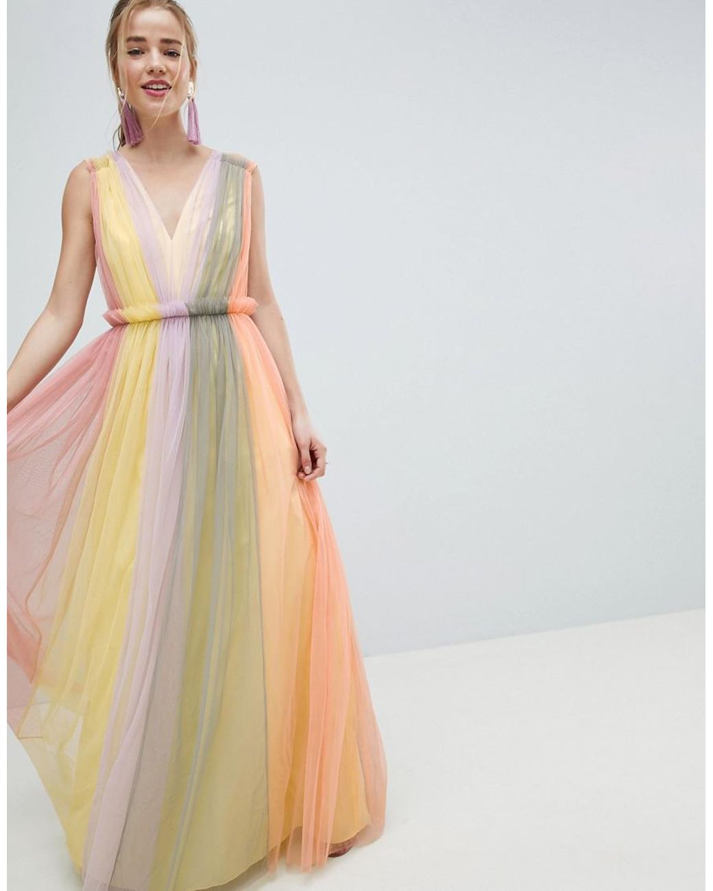 ASOS Tulle Maxi Dress In Pastel Color Block | Lyst