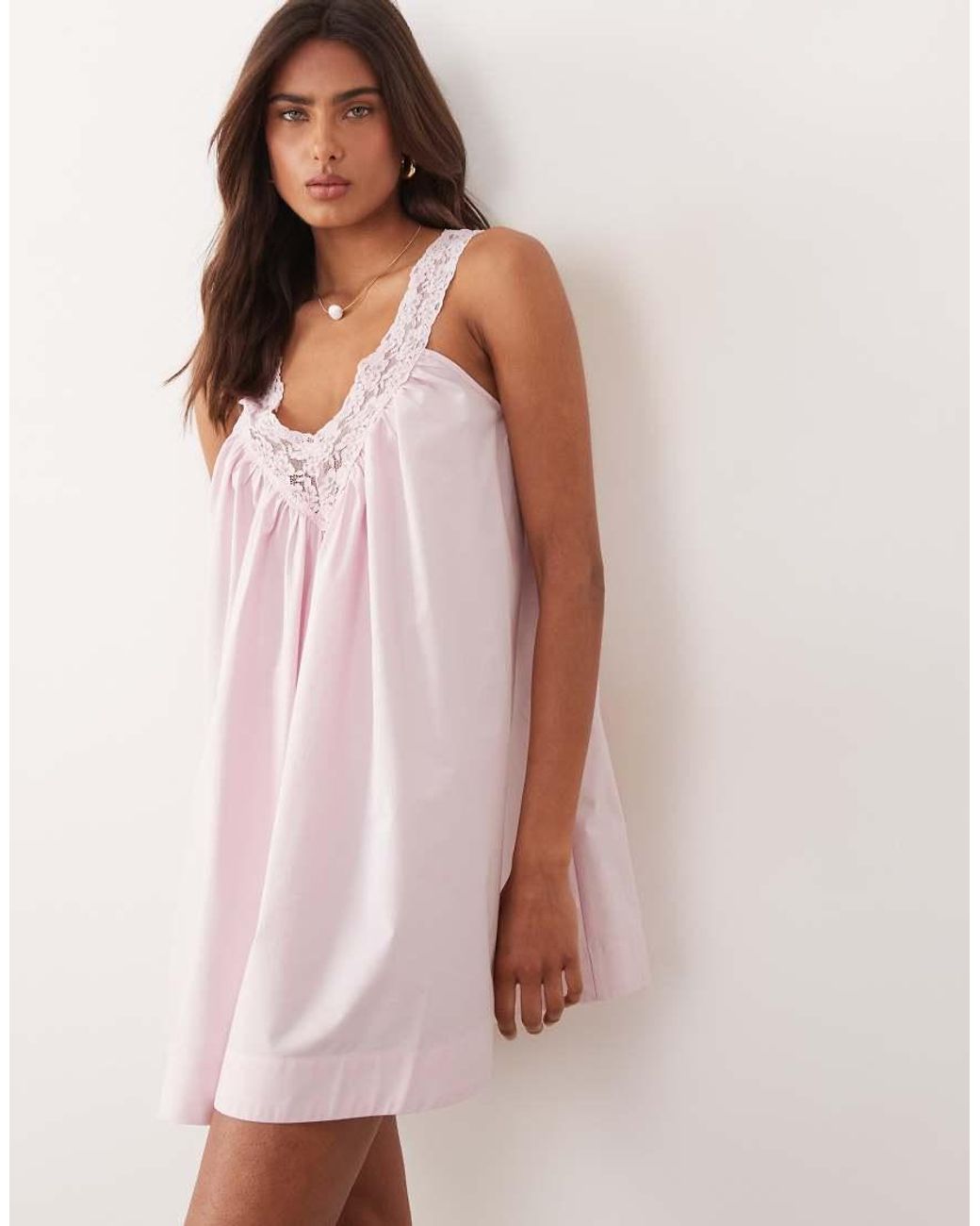 ASOS Pink V Neck Smock Poplin Mini Sundress With Lace Overlay