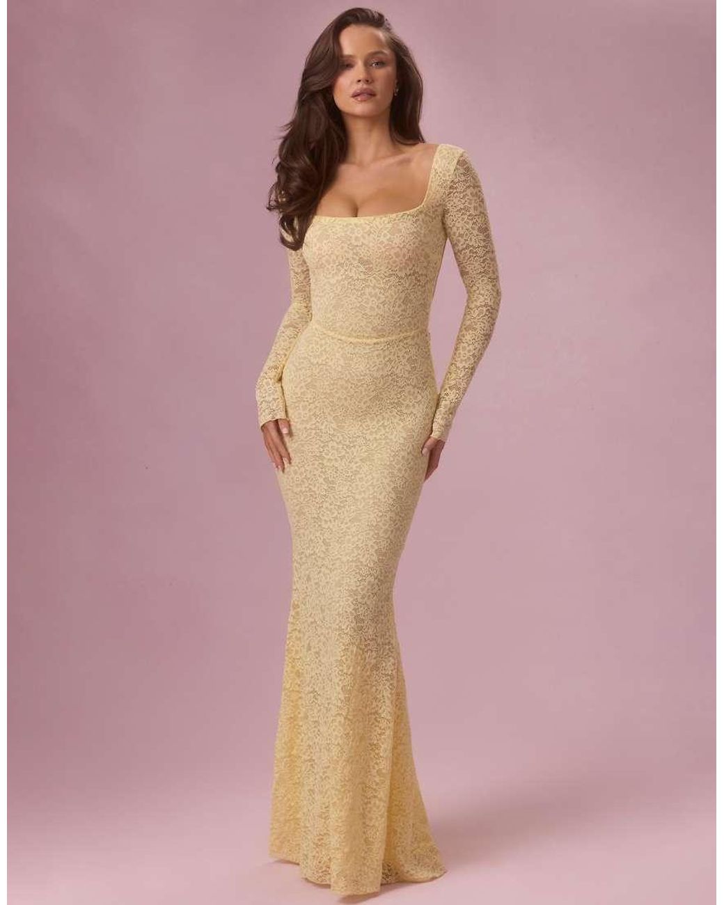 Oh Polly Pink Premium Stretch Lace Square Neck Open Tie Back Maxi Dress