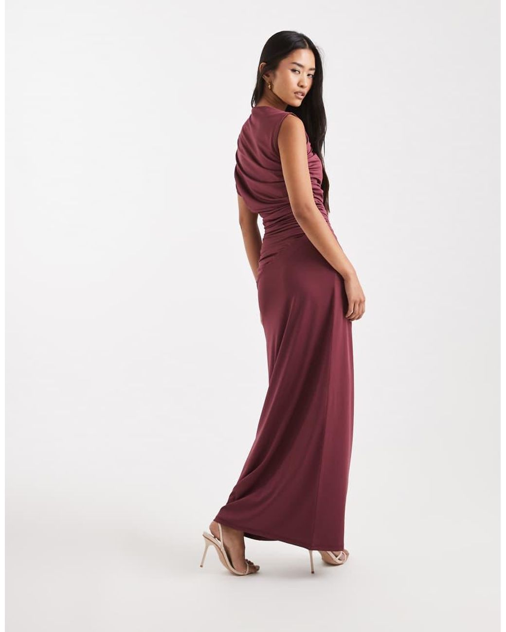 4th & Reckless Red Exclusive Double Laye Slinky Drape Off Shoulder Detail Sleeveless Maxi Dress