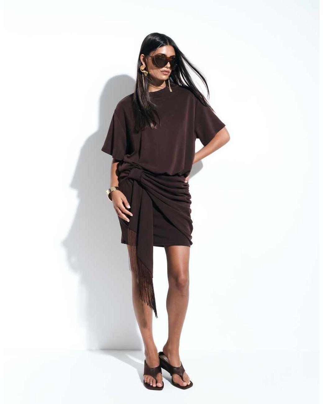 ASOS Black Modal Short Sleeve With Fringed Tie Detail Mini Dress