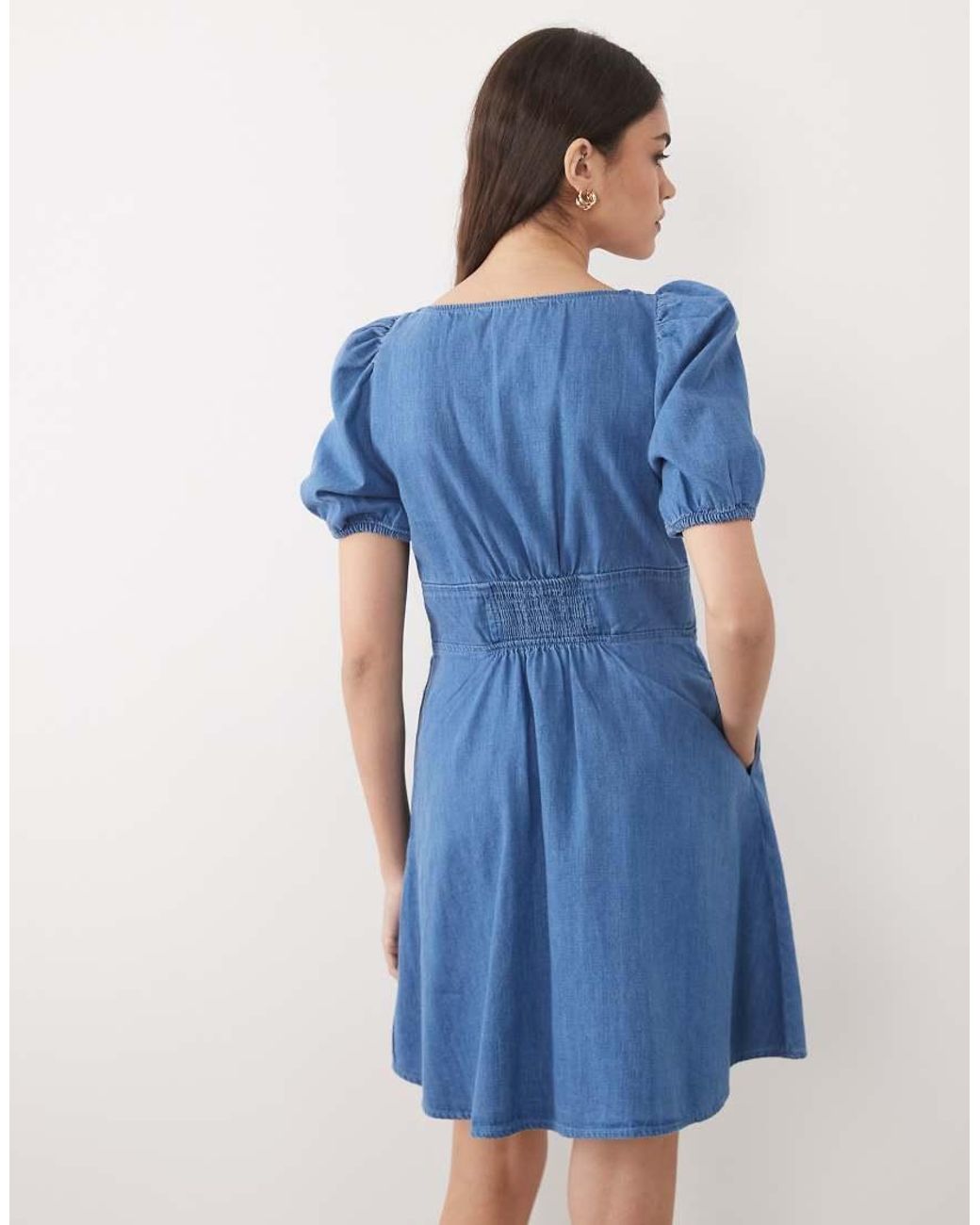 Nobody's Child Blue Tulla Cotton Denim Sweetheart Neckline Puff Sleeve Mini Dress