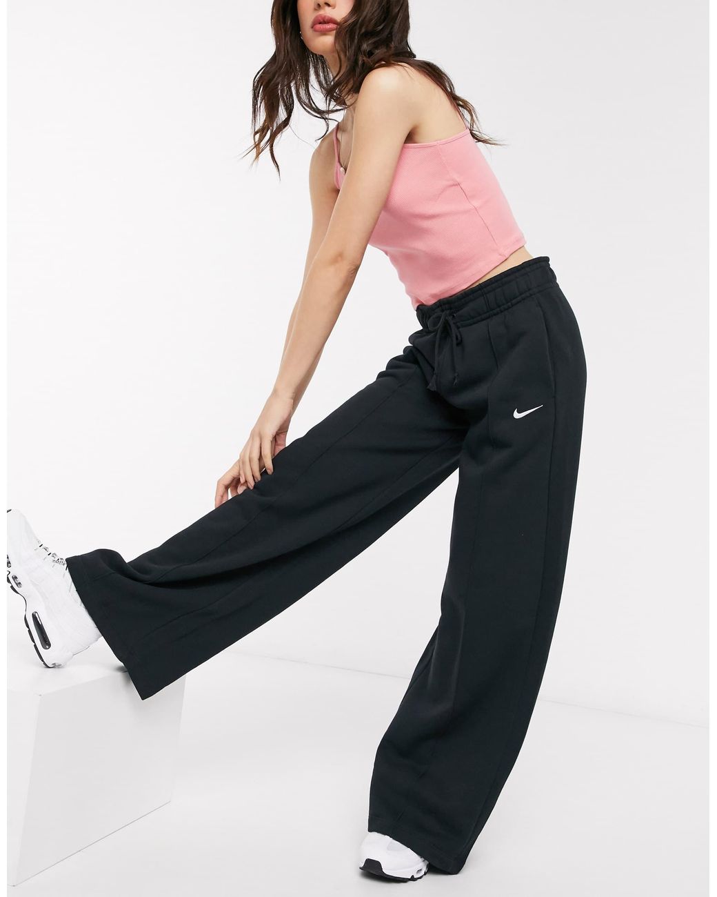 nike mini swoosh high waisted wide leg joggers in red