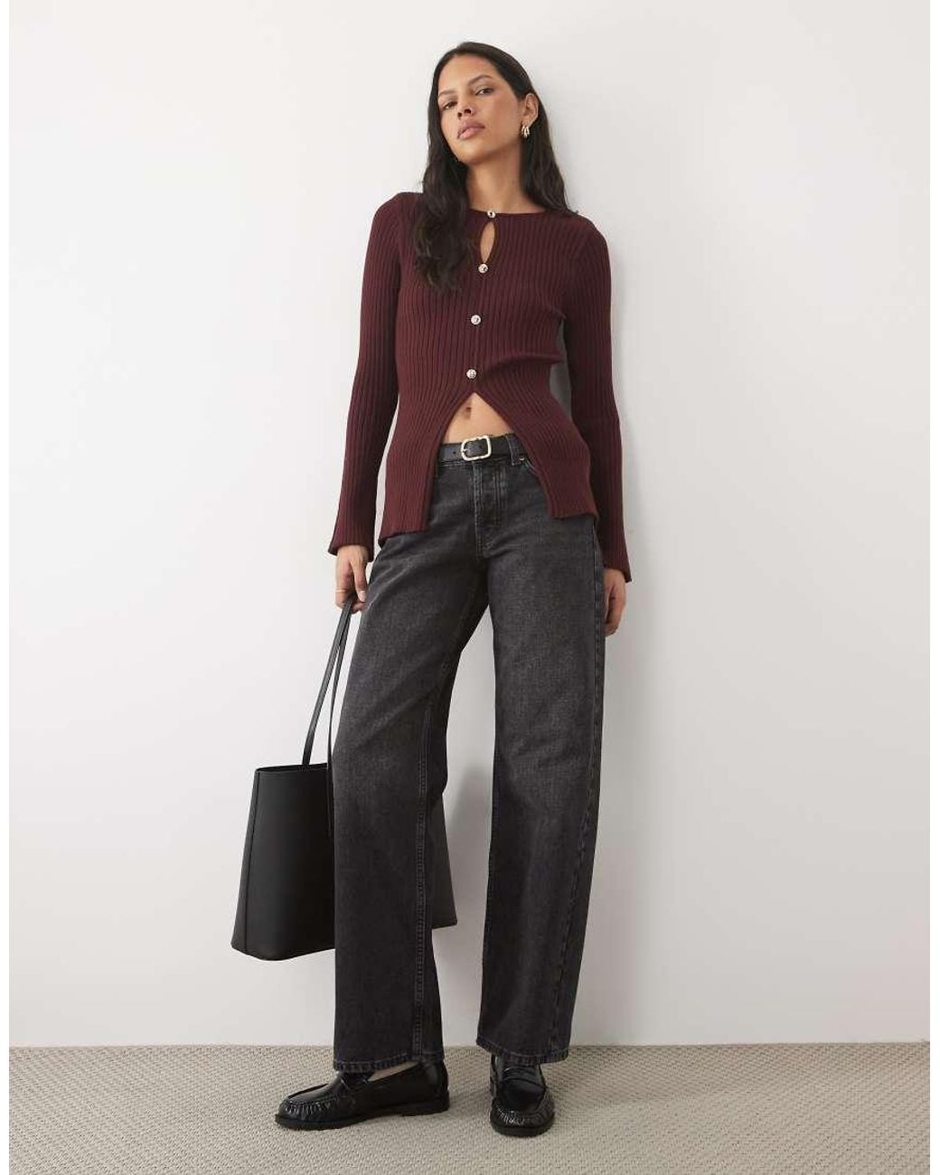 New Look Brown Knitted Button Through Top With Shoulder Pad Detail
