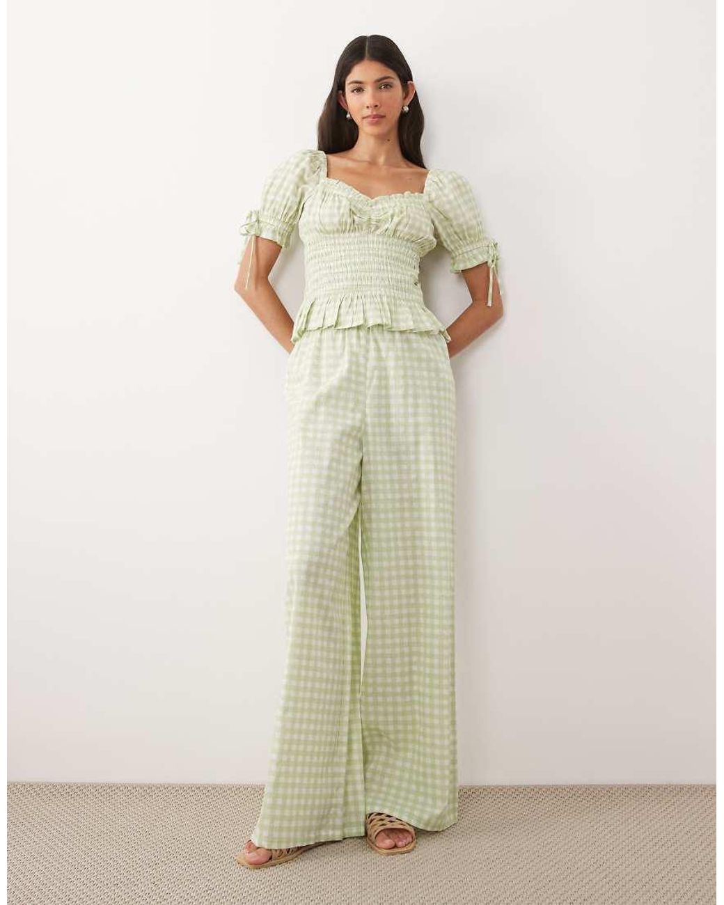 Wednesday's Girl Green Co-Ord Balloon Sleeved Shirred Bardot Top