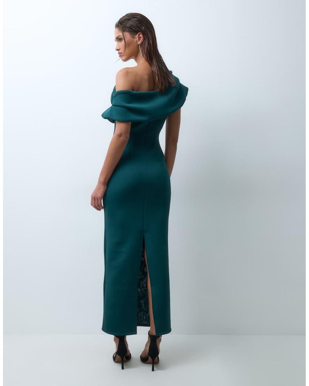 ASOS Blue Draped Off Shoulder Pencil Maxi Dress