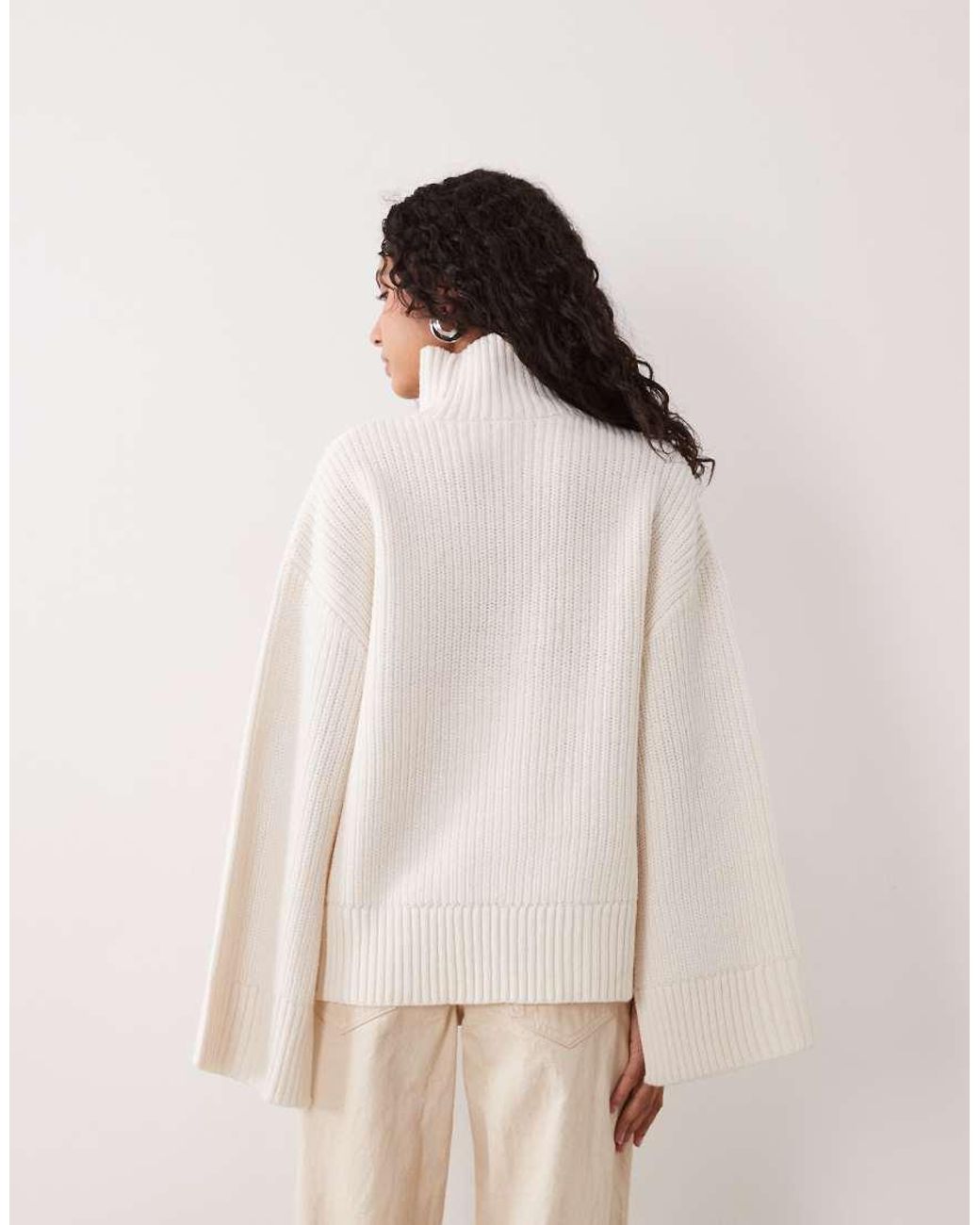 Gina Tricot Natural Split Sleeve Detail Knit Turtleneck Sweater With Wool