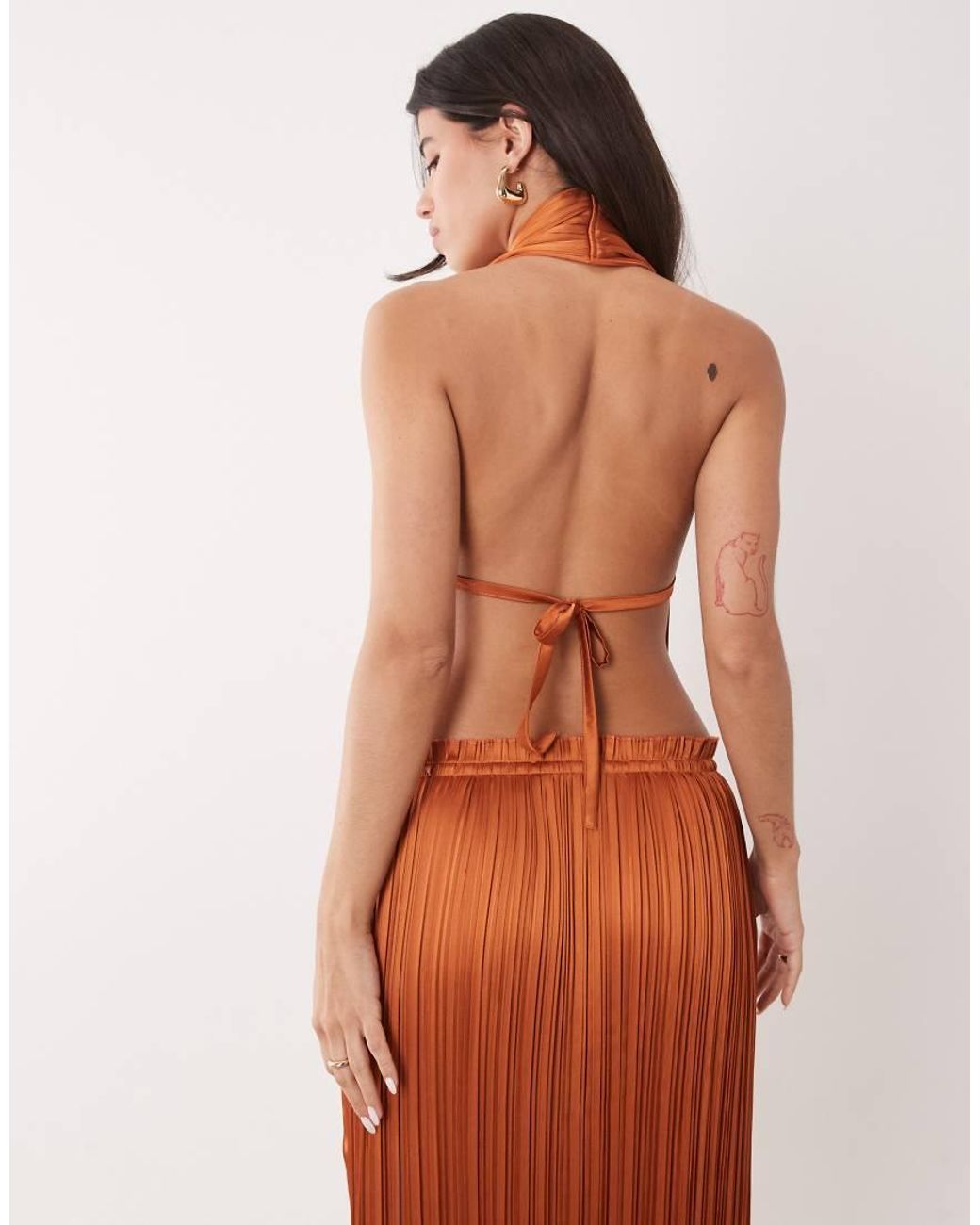 Aria Cove Brown Plisse Halterneck Plunge Open Tie Back Top