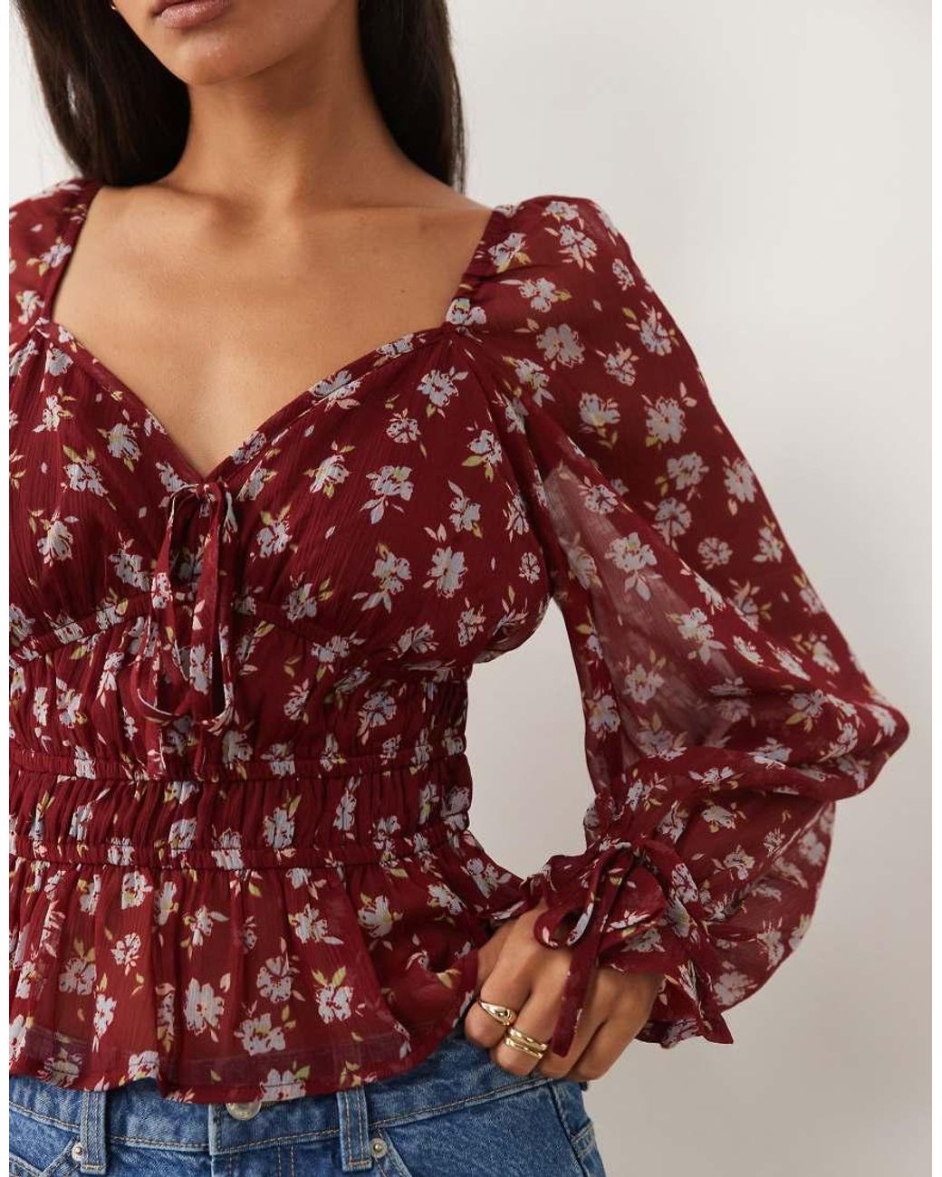 Wednesday's Girl Long Sleeve Gathered Blouse With Tie Detail
