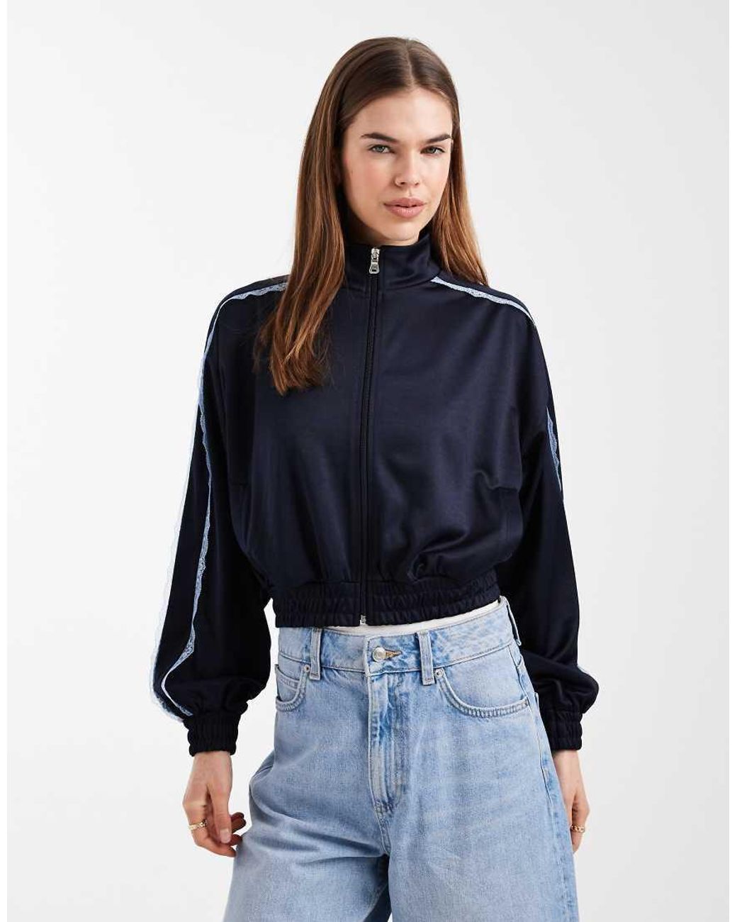 ASOS Blue Lace Trim Detail Funnel Neck Tricot Track Jacket