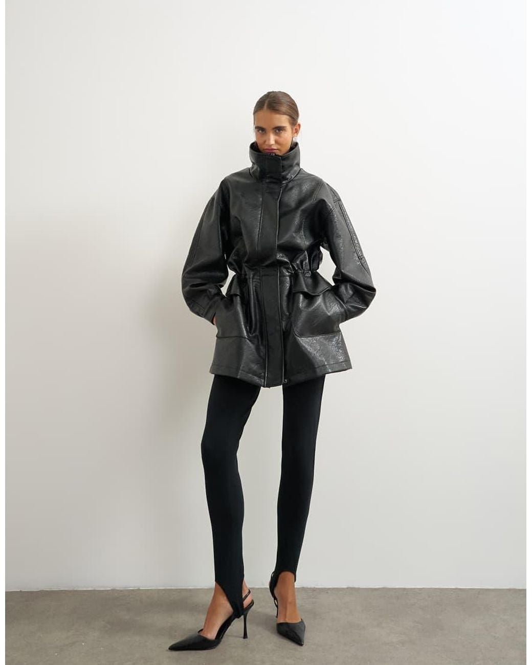 TOPSHOP Black Faux Leather Cinch Waist Funnel Neck Jacket