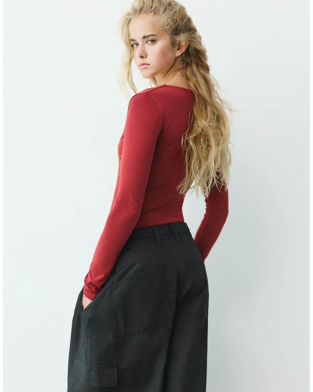 Pull&Bear Red V-Neck Bodysuit
