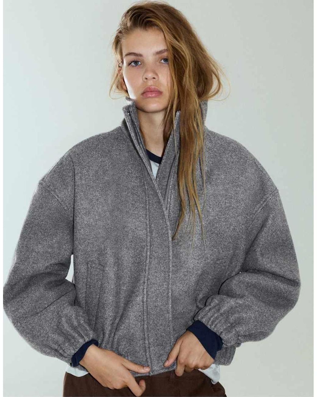 Pull&Bear Gray Cloth Bomber Jacket With A High Neck