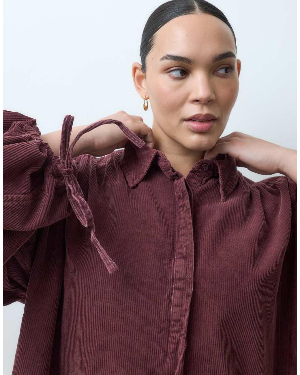 ASOS Red Asos Design Curve Hybrid Cord Mini Shirt Dress With Balloon Sleeves And Voile Hem