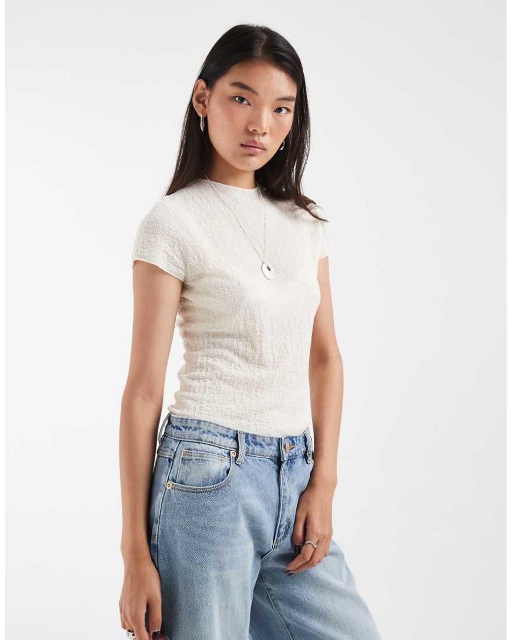 & Other Stories Natural Semi Sheer Short Sleeve High Neck Knit Top