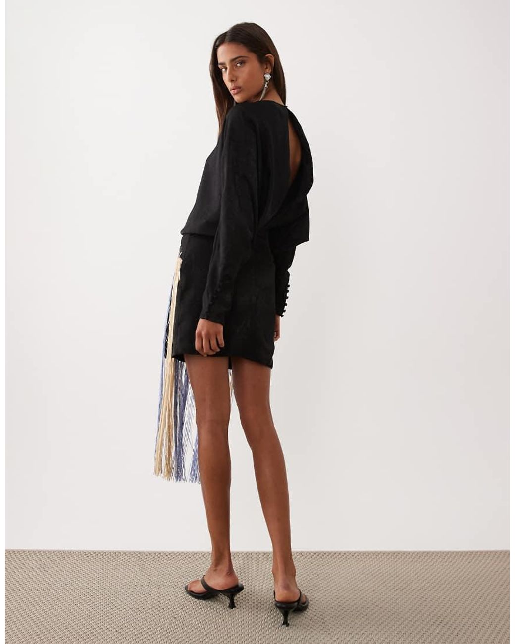 ASOS Black Satin Floral Embroidered Mini Dress With Fringing