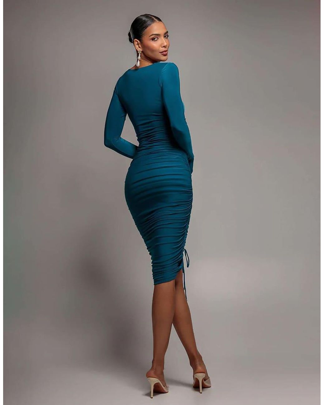 Goddiva Blue Asymmetrical Neck Ruched Midi Dress