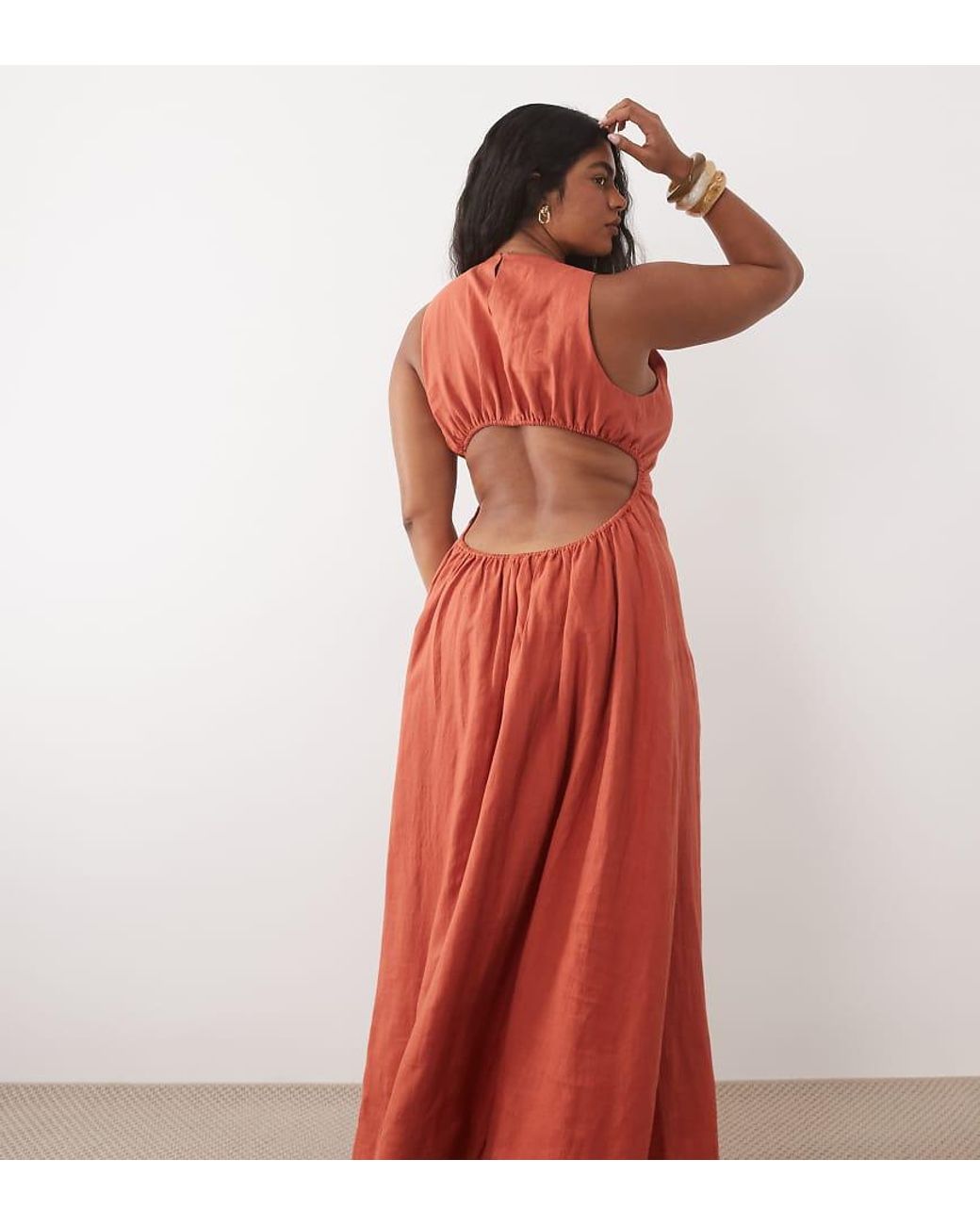 ASOS Orange Asos Design Curve Premium 100% Linen Waisted Maxi Dress With Open Back