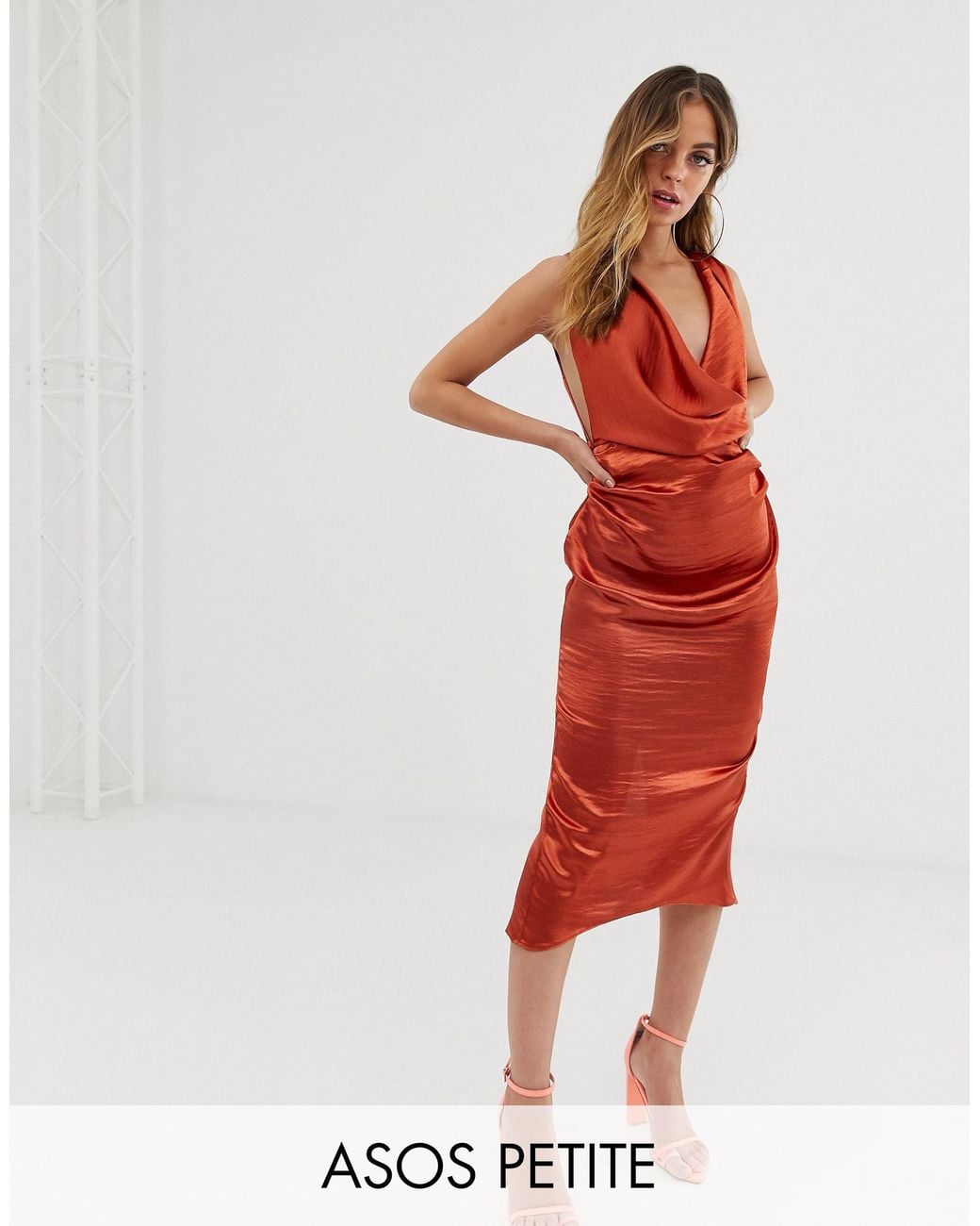 ASOS Petite Midi Dress With Drape Cowl Neck In High Shine Satin in Red |  Lyst Canada