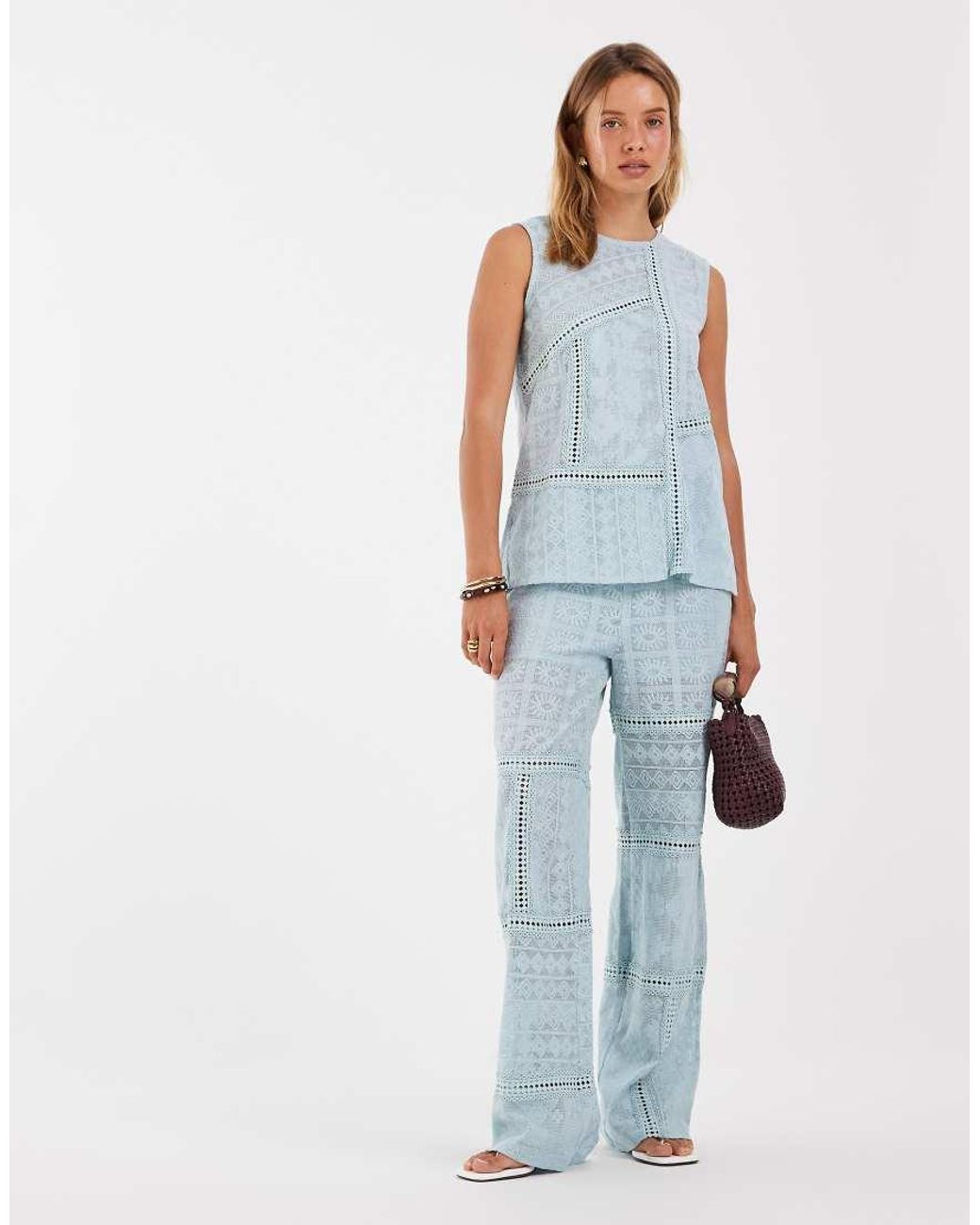 Object Blue Sleeveless Crochet And Lace Patchwork Top Co-ord